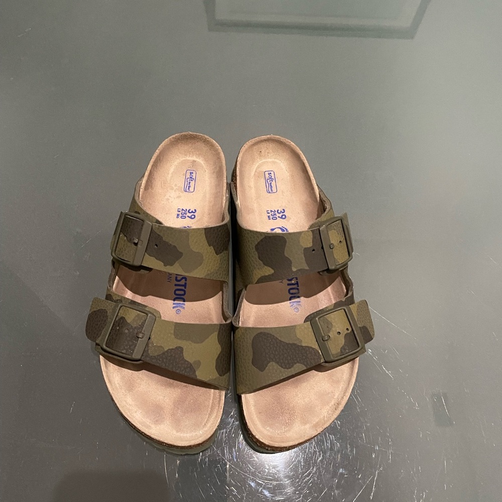 Arizona Birkenstocks in green camo